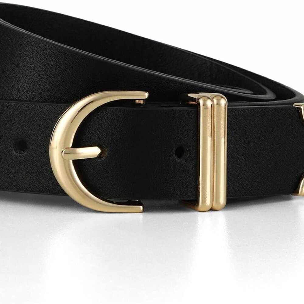 Women Faux Leather Belt for Jeans Dress Pants Adjustable Gold Buckle
